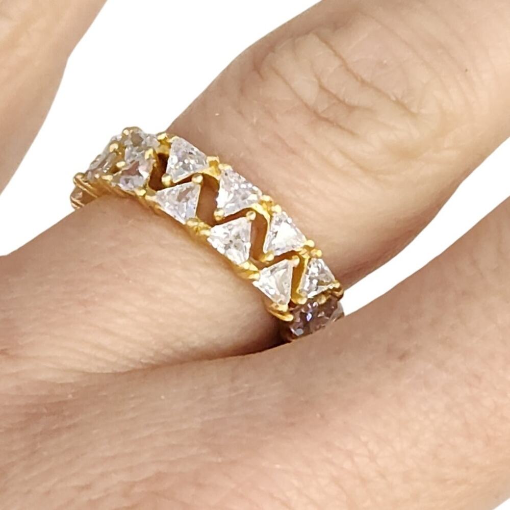 925 Sterling Silver Gold Tone Zirconia Eternity Band Ring Triangle Cut Size 6